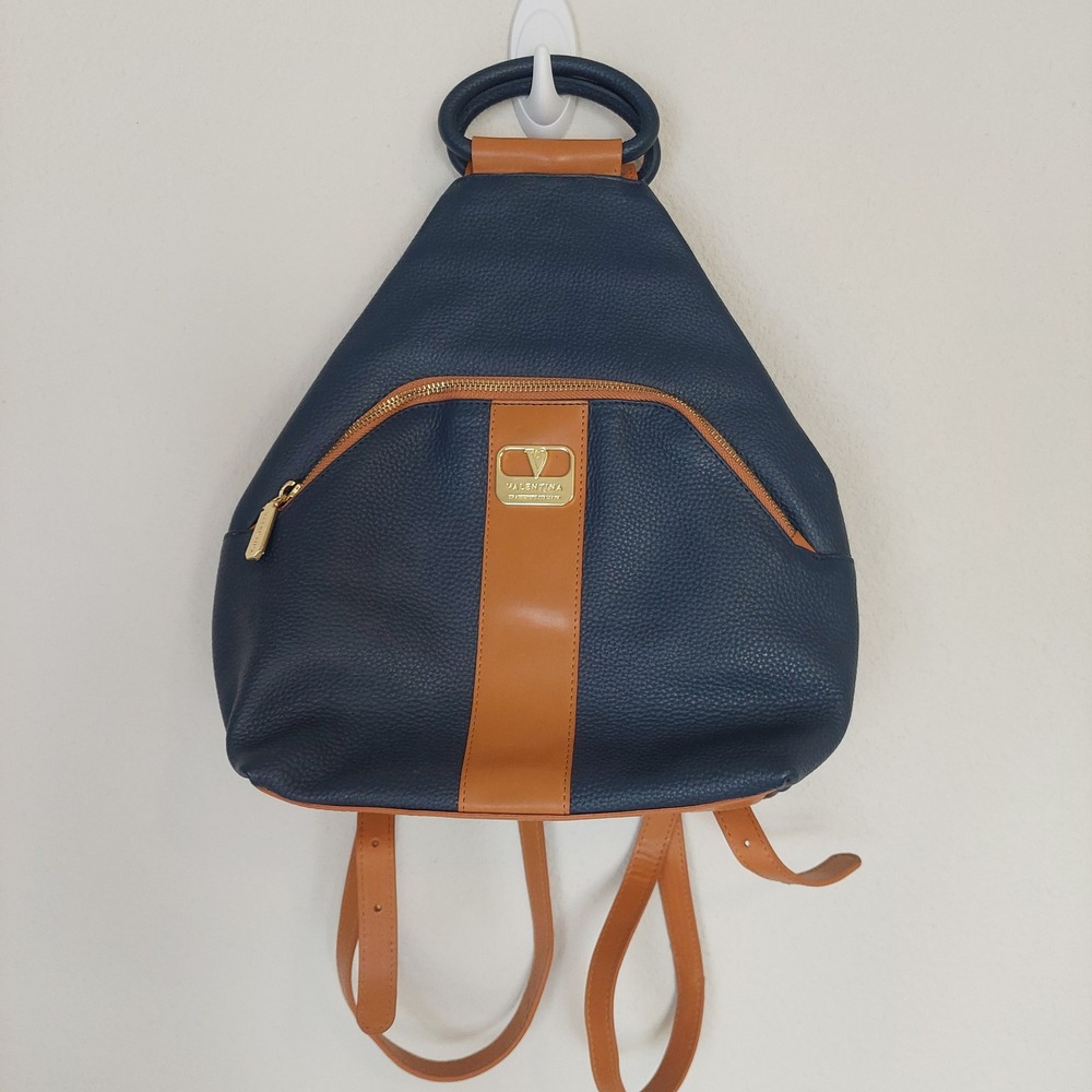 Valentina‎ Italian Leather Navy Tan Convertible Backpack Purse Top Handle Bag